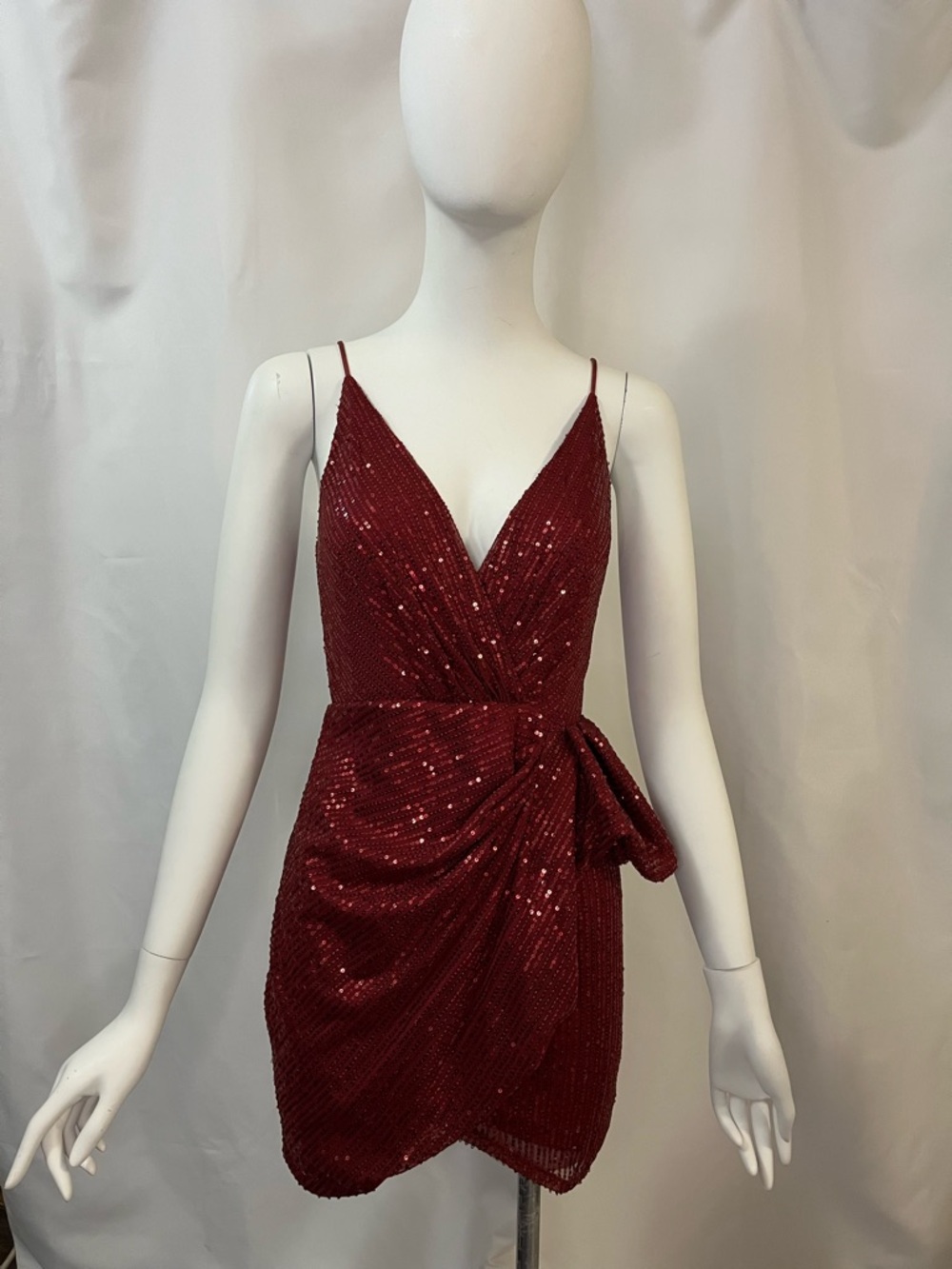 Sequin Wrap Mini Dress in Rich Burgundy Red